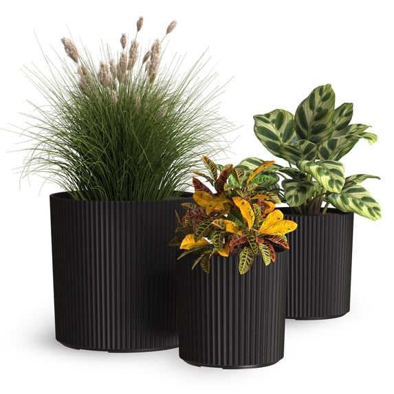 Serene 14in, 12in, and 10in Round Black Plastic Plant Planters with Drainage Holes, 3-Pack