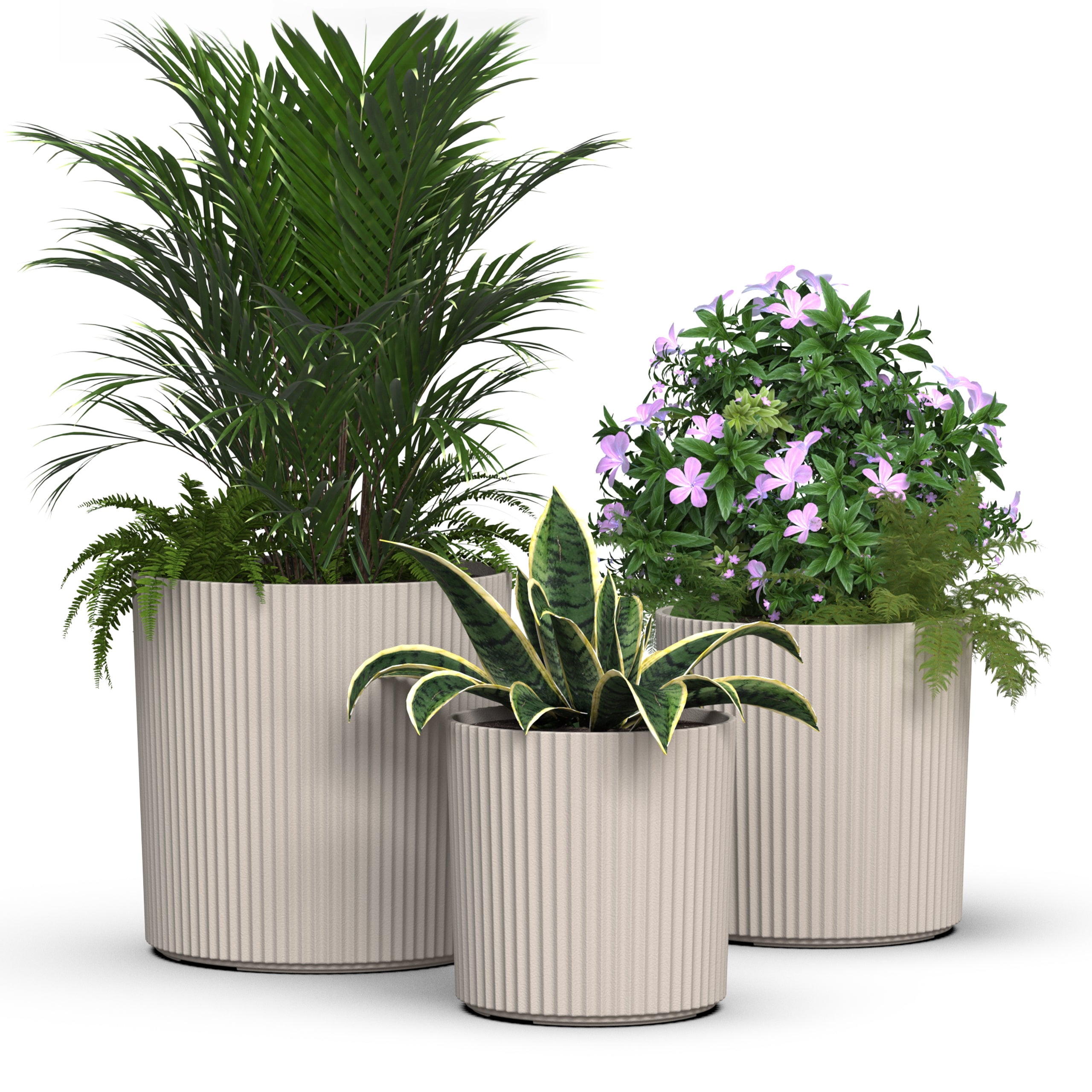 Serene 14in, 12in, and 10in Round Chai Plastic Plant Planters with Drainage Holes, 3-Pack