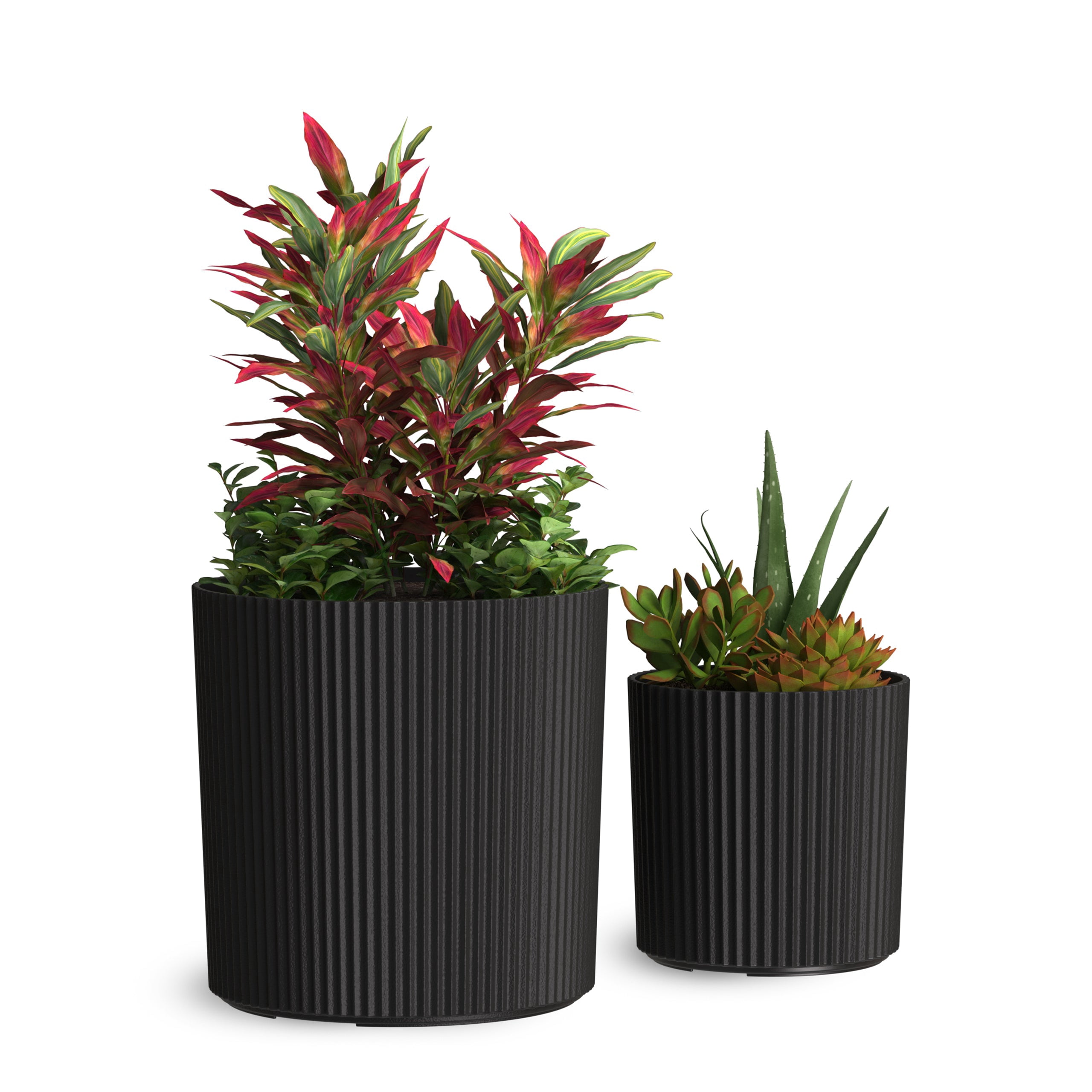 Serene 14in and 10in Round Black Plastic Plant Planters with Drainage Holes, 2-Pack