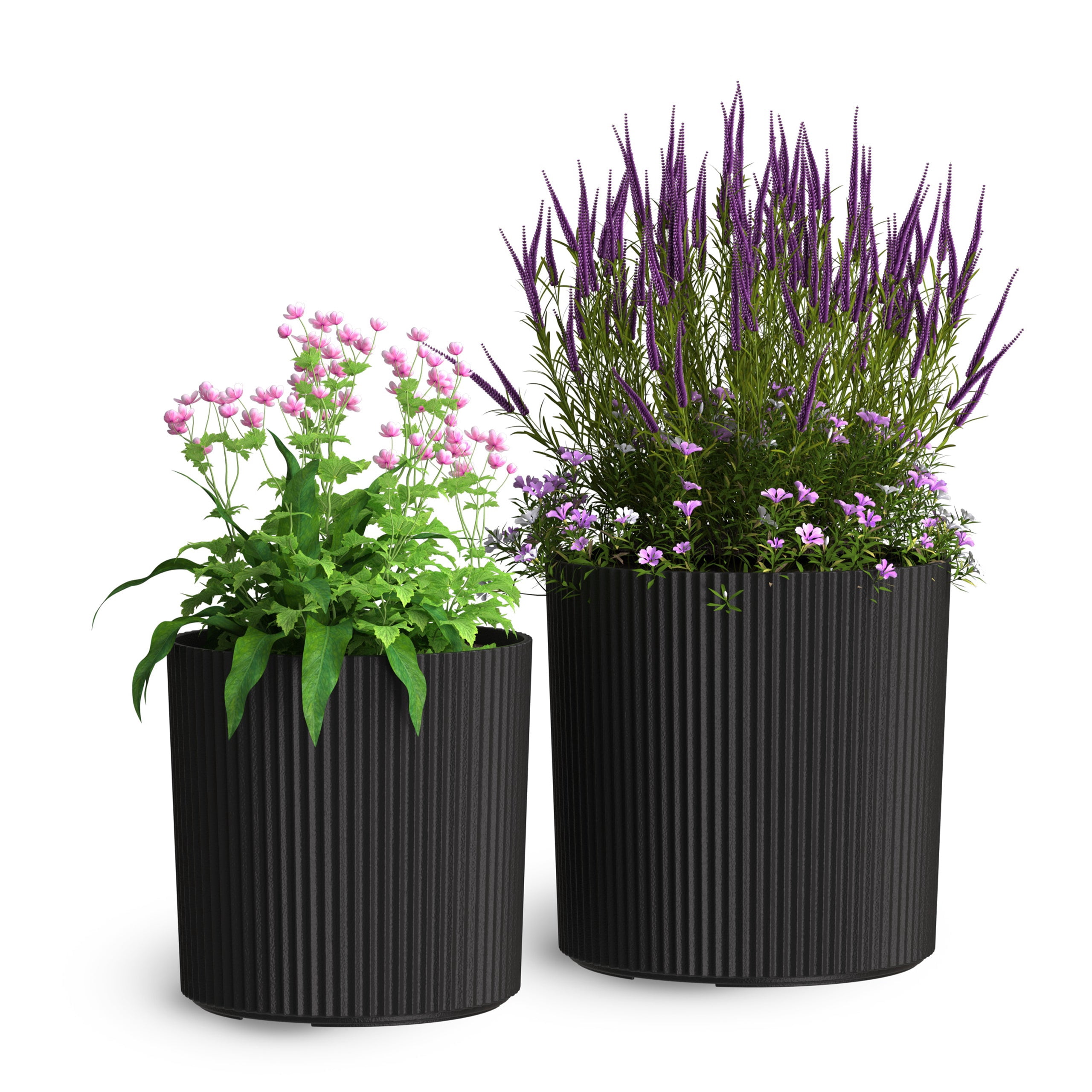 Serene 14in and 12in Round Black Plastic Plant Planters with Drainage Holes, 2-Pack
