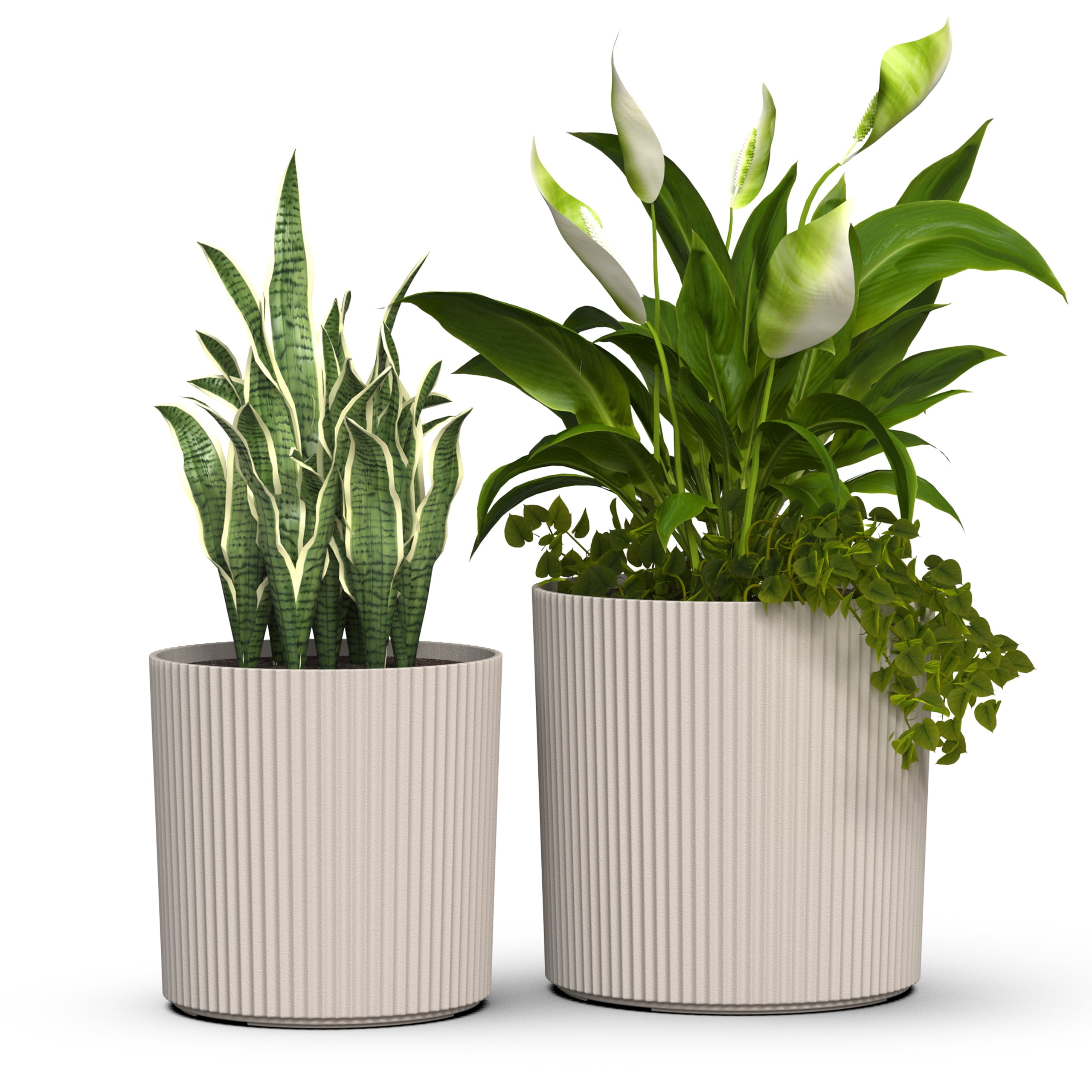 Serene 14in and 12in Round Chai Plastic Plant Planters with Drainage Holes, 2-Pack