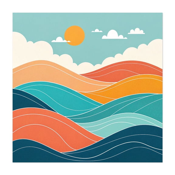 Serene Abstract Waves - Illustration Abstract Waves Geometric Minimalist Modern Art Sunset Pastel Unframed Wall Art Print 36 x 36 inches