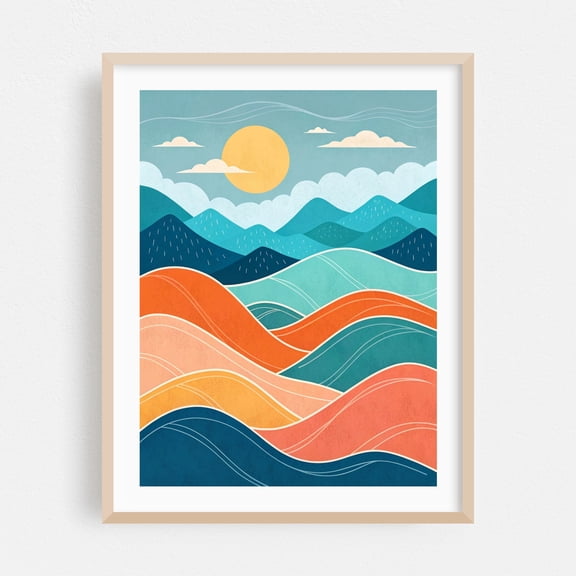 Serene Abstract Waves - Painting Abstract Geometric Pastel Landscape Minimalist Modern Art Sunset Oak Framed Wall Art Print 11 x 14 inches