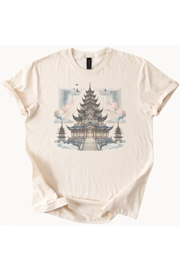 Serene Asian Pagoda T Shirt Design With Clouds And Flying Birds Graphic Tee Size S-5Xl Heygategoo Tee