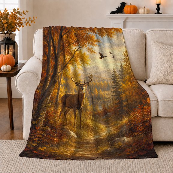Serene Autumn Forest Scene Majestic White-Tailed Buck Winding, Peaceful Mountain Lake Scene, Warm Flannel Blanket for Cabin and Lodge, Outdoor Lovers Father's Day Gift, Artistic Home Decor