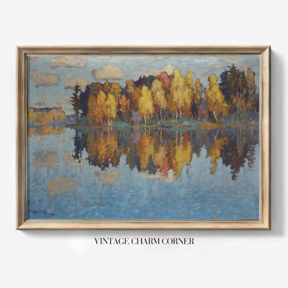 Serene Autumn Lake Reflection Expressionist Nature Art, UNFRAMED Size 16x16