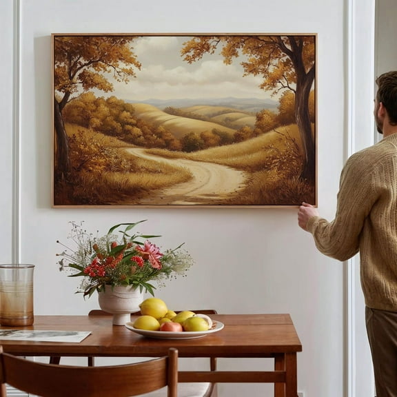 Serene Autumn Landscape Art - Golden Rolling Hills With Rustic Path For Warm Farmhouse And Nature-Inspired Wall Decor Wall Art, Modern Wall Decor, 8x12 UNFRAMED
