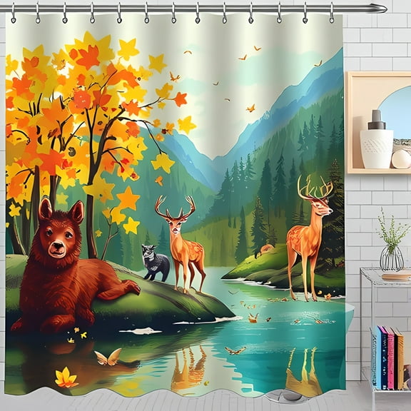 Serene Autumn Landscape Shower Curtain - Vibrant Forest River and Wildlife Design - Perfect for Nature Lovers