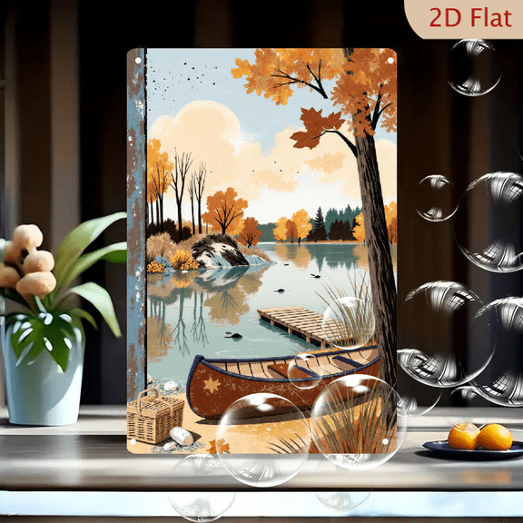 Serene Autumn Landscape Wall Art, 8x12 Inches Metal Tin Sign featuring Canoe on Sandy Shore with Wicker Basket, Fall Trees, and Calm Lake Reflections, Rustic Decor for Home or Cabin