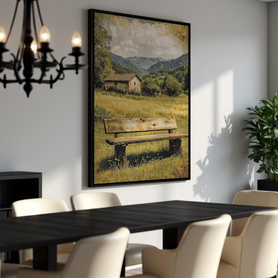 Serene Autumn Landscape With Rustic Cabin And Wooden Bench - Poster ...