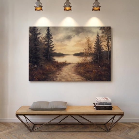 Serene Autumn Pathway - Tranquil Lakeside Landscape With Golden Sunset And Forest Scenery Wall Art, Modern Wall Decor, 24x36 UNFRAMED
