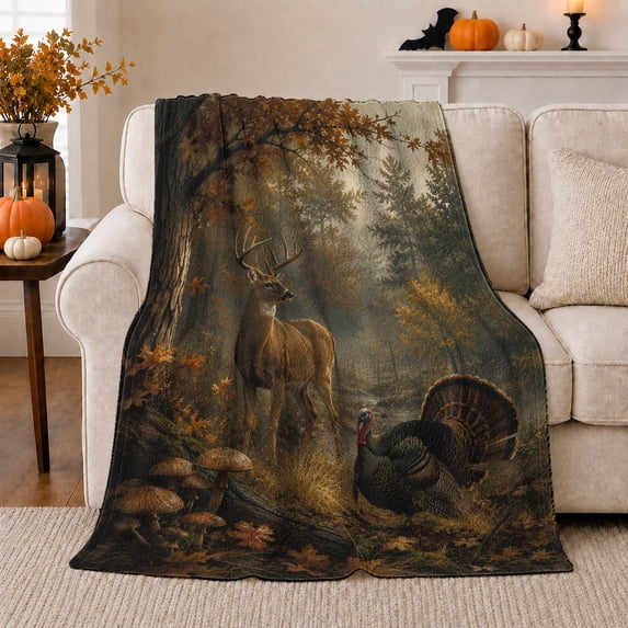 Serene Autumnal Woodland Scene Buck Turkey, Peaceful Woodland Scene, Warm Flannel Blanket for Cabin and Lodge, Garden Lovers Housewarming Gift, Rustic Home Decor