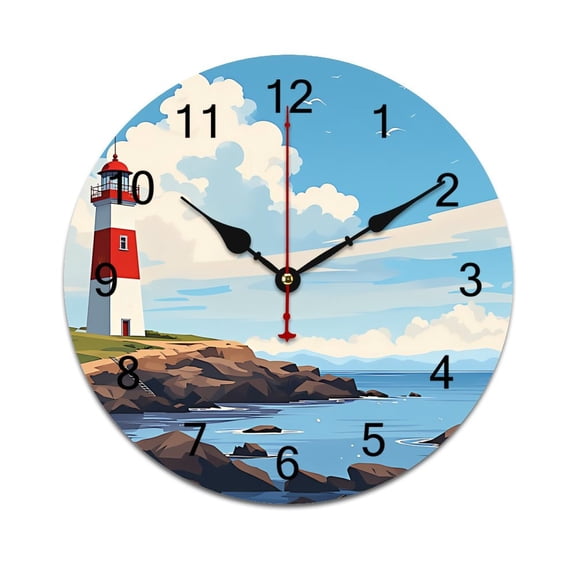 Serene Beach Lighthouse A Bright Blue Sky with Clouds Time Decorative Wall Clocks Round Large Wall Watch Bedroom Home Decor 10 12 14 Inch