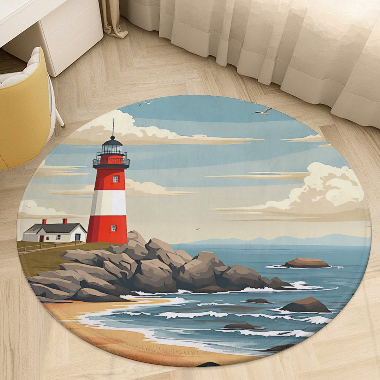 Serene Beach Lighthouse A Bright Blue Sky with Clouds Round Area Rugs ...