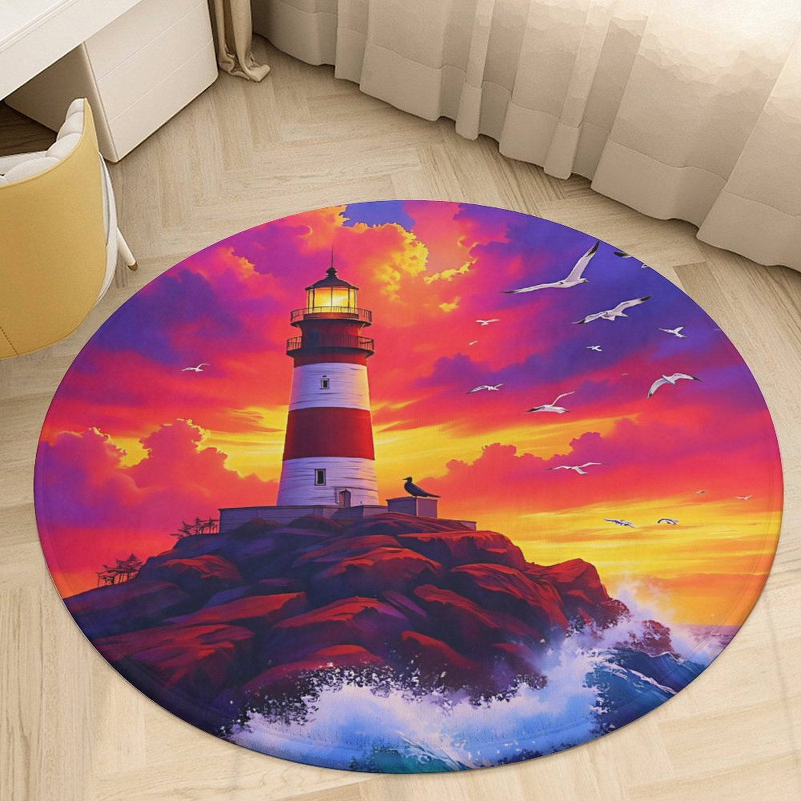 Serene Beach Lighthouse A Bright Blue Sky with Clouds Round Area Rugs ...
