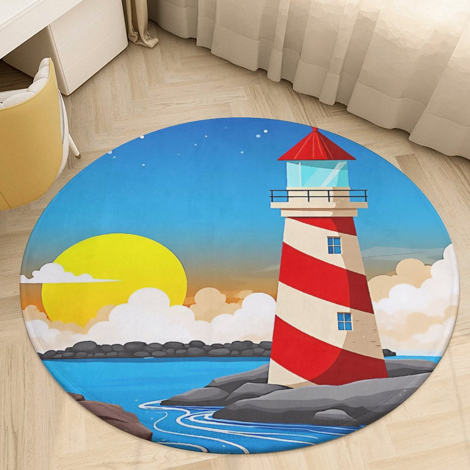 Serene Beach Lighthouse A Bright Blue Sky with Clouds Round Area Rugs ...