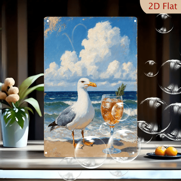 Serene Beach Scene Art Print 8x12 Inches, Vibrant Painterly Seagull and Cocktail on Golden Sand with Rolling Ocean Waves, Relaxing Summer Coastal Wall Decor for Home Office Living Room