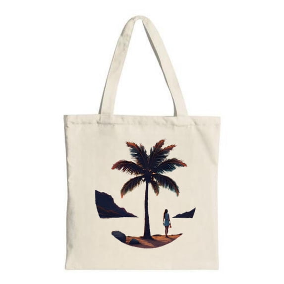 Serene Beach Scene Tote Bag - Canvas Multifunctional Reusable Shopping Bag with Palm Tree Design Perfect for Travel & Parties