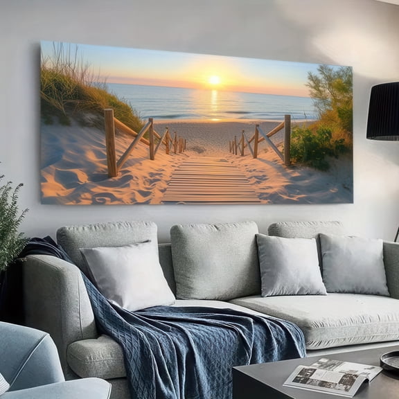 Serene Beach Sunset with Wooden Walkway Framed Canvas Wall Art 48x24 Inch Coastal Landscape Print for Living Room Bedroom Office Decor