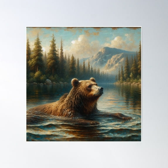 Serene Bear Scene By Stream - Tranquil Forest Artwork Poster Wall Art, Modern Wall Decor For Living Room Bedroom, 17x17 UNFRAMED