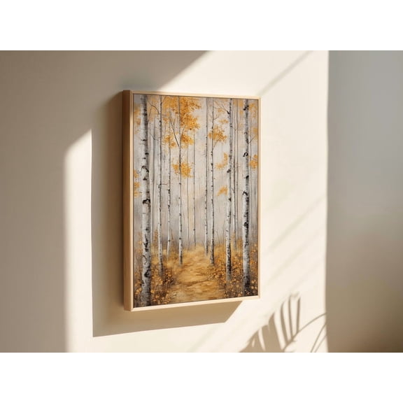 Serene Birch Forest Wall Art: Autumn Pathway With Golden Leaves And Tall Trees For Nature Inspired Rustic And Minimalist Home Decor Wall Art Modern Wall Decor
