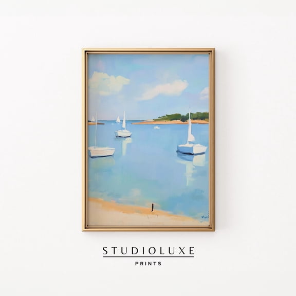 Serene Blue Harbor Sailboat Coastal Landscape Poster Unframed Paper Print