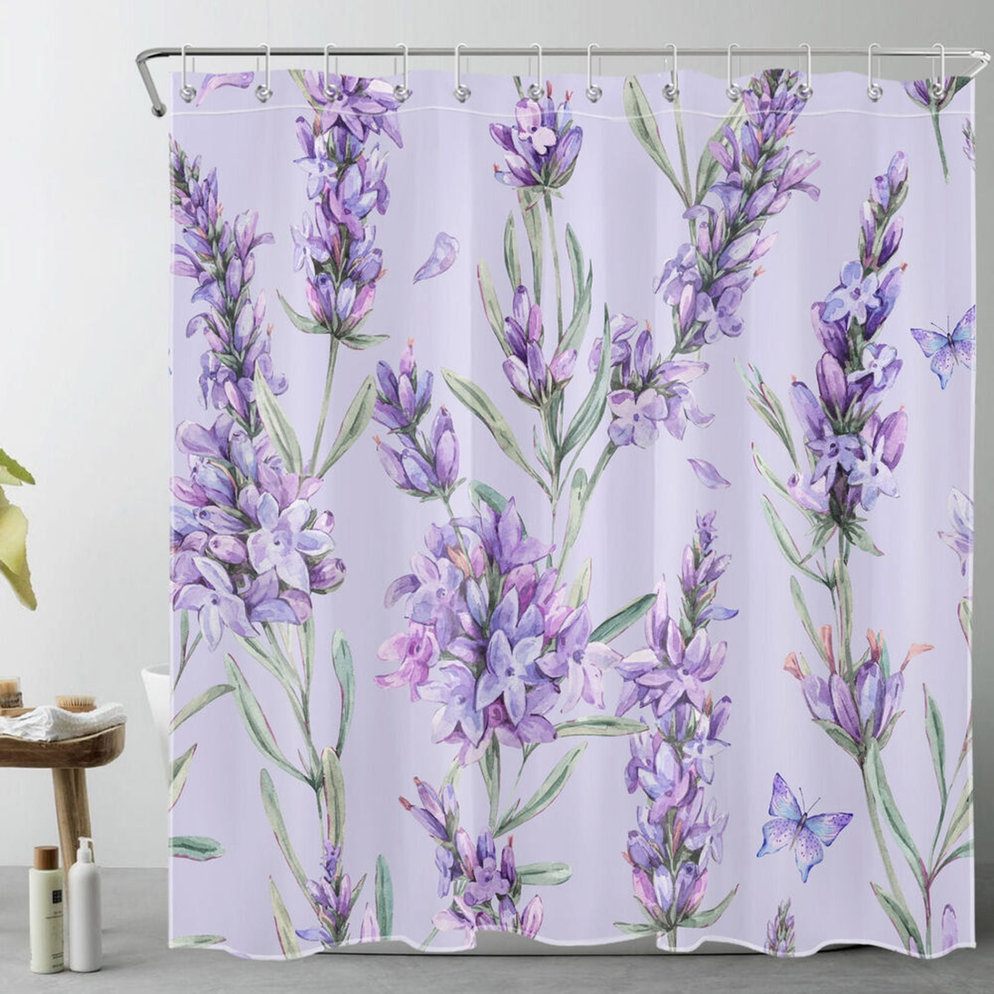Serene Botanical Bliss Rustic Green Leaf & Lavender Floral Shower Curtain for a Tranquil