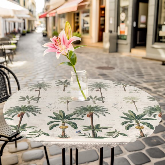 Serene Botanical Print Round Fitted Tablecloth with Elastic Edge,Waterproof Table Cloth Fits 45"-54" Tables,Wipeable Table Cover for Indoor Outdoor Dinning Party,Beige Border Weathered Textures