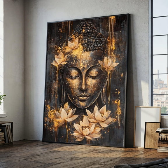 Serene Buddha Face Canvas Wall Art, Golden Lotus Flowers, Spiritual Meditation Decor, Zen Canvas, Yoga Room Decoration, Stretched Canvas Size 12x18