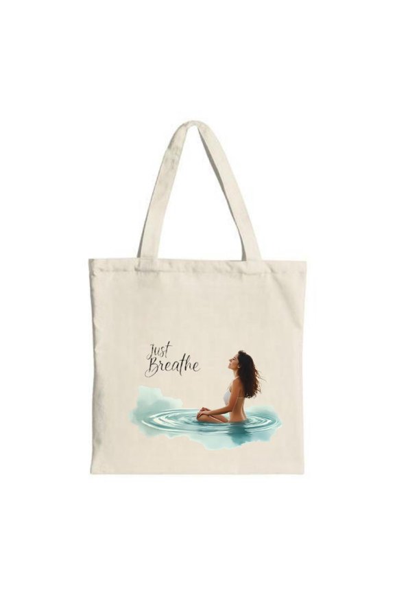 Serene Canvas Tote Bag with Watercolor Design: Woman in Water & ' Just Breathe ' Text - Perfect for Shopping Travel & Parties