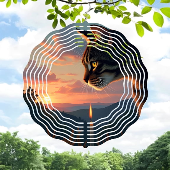 Serene Cat Face Metal Wind Spinner - Concentric Circles Design with Sunset Background Perfect for Yard & Garden Decor