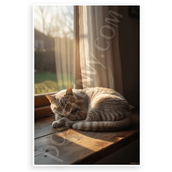 Serene Cat Napping in Sunbeam Windowsill Realistic 12x18 US Made Poster