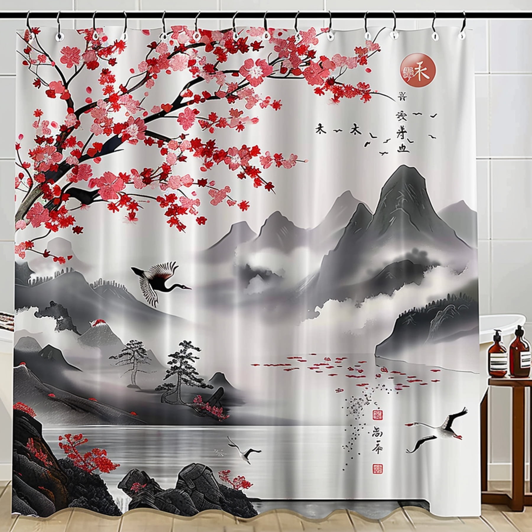 Serene Cherry Blossom Bathroom Set White Fabric Curtain Japanese Swan