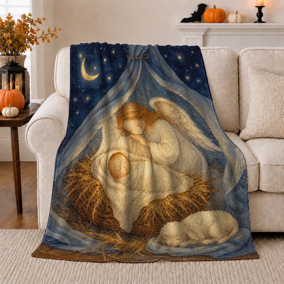Serene Christmas decorative motif Angel Lamb Manger Night Sky, Festive decorative motif Scene, Warm Flannel Blanket for Living Room and Family Room, Art Lovers Christmas Gift, Festive Home Decor