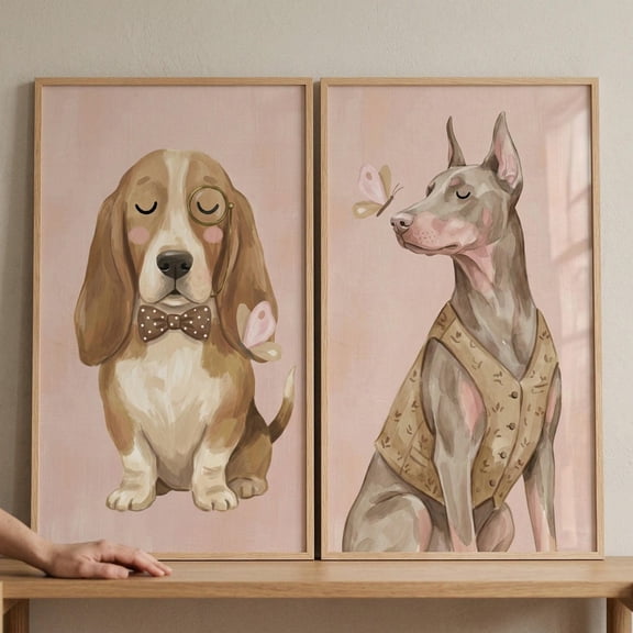 Serene Closed Eye Dog Wall Art Set of 2 Whimsical Dog Nursery Decor Basset Hound and Doberman Art Watercolor Animal Print Pet Decor Set 2