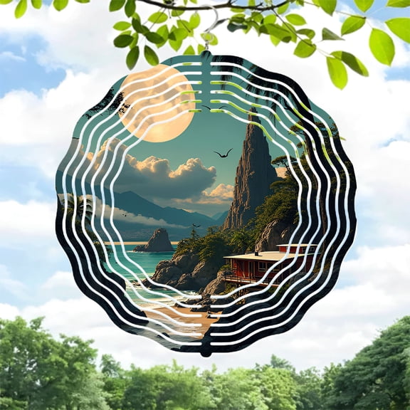 Serene Coastal Metal Wind Spinner - Circular Design with Greenery & Ocean View Perfect for Yard & Garden Decor