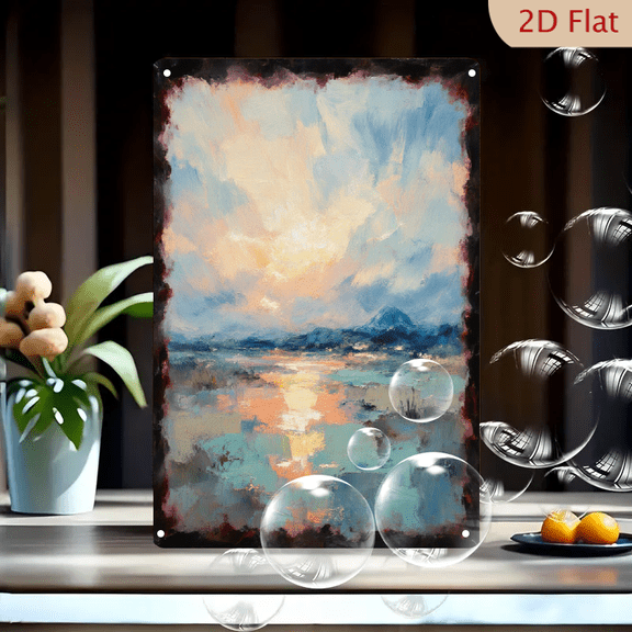 Serene Coastal Sunset Oil Painting, 8x12 Inch Impressionist Seascape Wall Art with Textured Sky and Rolling Hills, Raw Dark Frame Metal Tin Print for Living Room Decor
