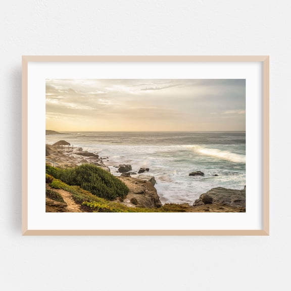 Serene Coastal Whisper - San Diego California Photography Ocean Coastal Beach Waves Seascape Landscape Sunset Oak Framed Wall Art Print 12 x 18 inches