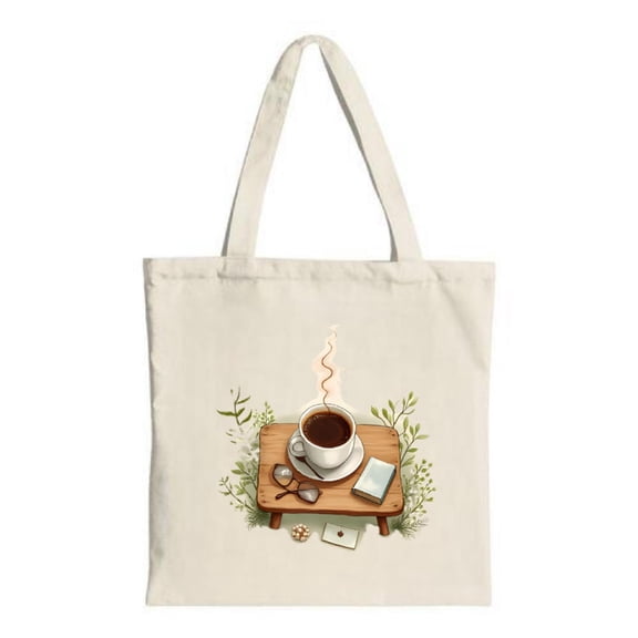 Serene Coffee Cup Tote Bag - Canvas Multifunctional Reusable Shopping Bag with Cozy Nature-Inspired Design for Travel & Parties
