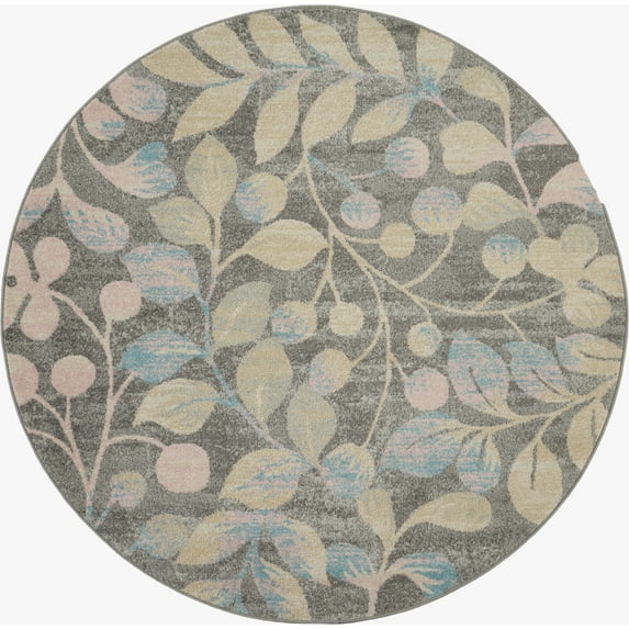 Serene Contemporary Botanical Grey/Beige 5'3" x ROUND Area Rug, (5' Round)