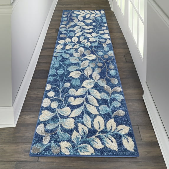 Serene Contemporary Botanical Navy 2'3" x 7'3" Area Rug, (2' x 7')