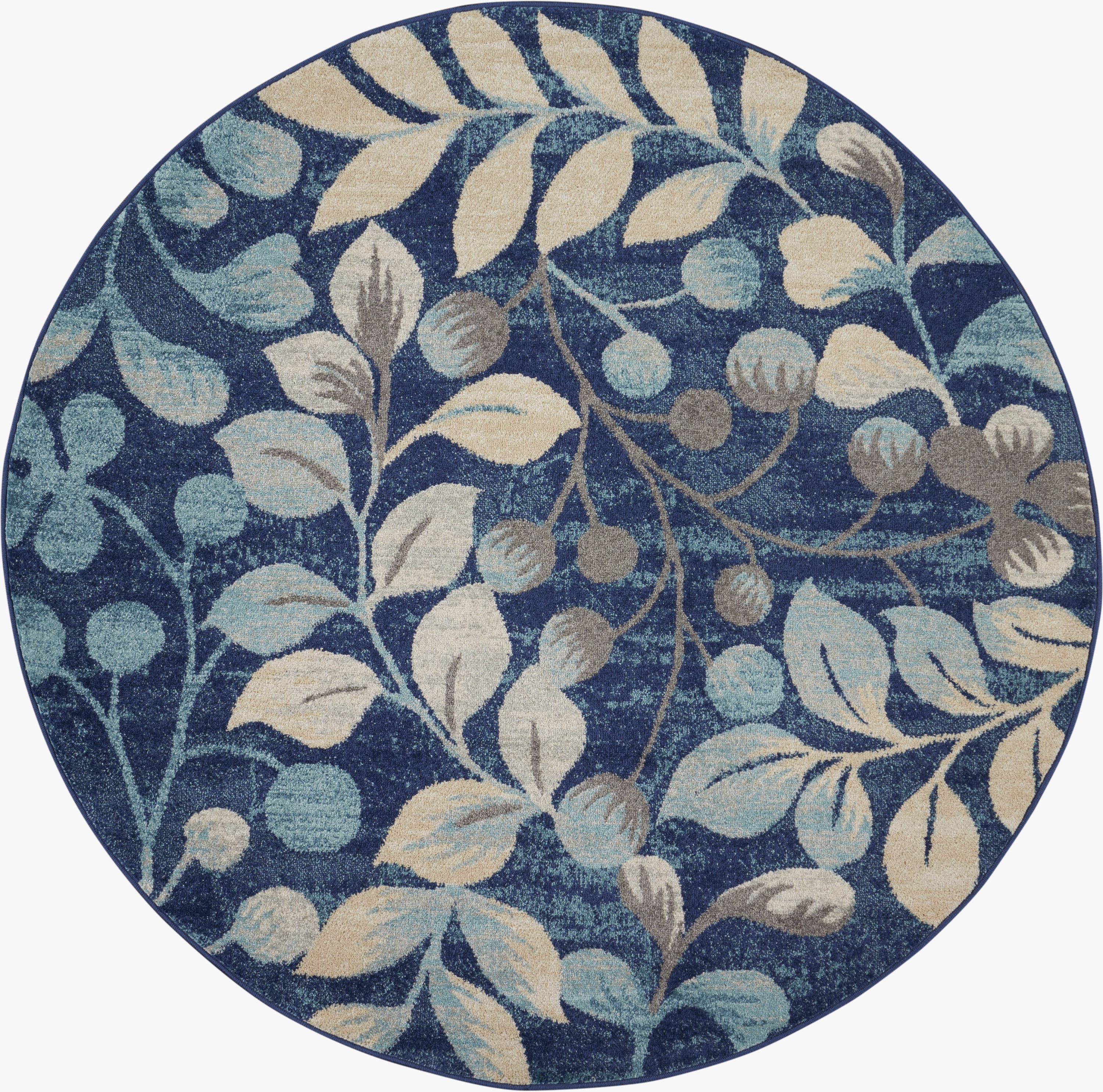 Serene Contemporary Botanical Navy 5'3" x ROUND Area Rug, (5' Round)