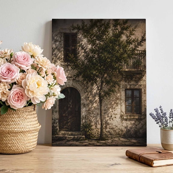 Serene Courtyard Canvas Wall Art, Rustic Architectural Gold Sunlight Tree Shadow Framed Picture Canvas Wall Art Print Decor Artwork Decorations for Living Room Bedroom Ready to Hang 14" x 11"