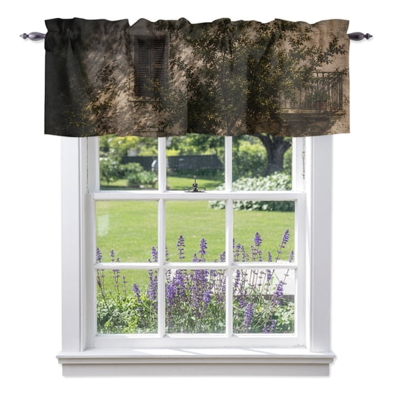Serene Courtyard Valances for Windows Rustic Architectural Gold Sunlight Tree Shadow Rod Pocket Light Filtering Short Window Treatments Curtains for Kitchen Bathroom Bedroom, 1 Panel, 42 x 12 Inch