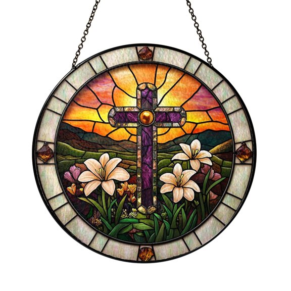 Serene Cross Sunrise Floral Design Stained Glass Style Round Window Suncatcher, Spiritual Decor Accent for Tranquil Rooms