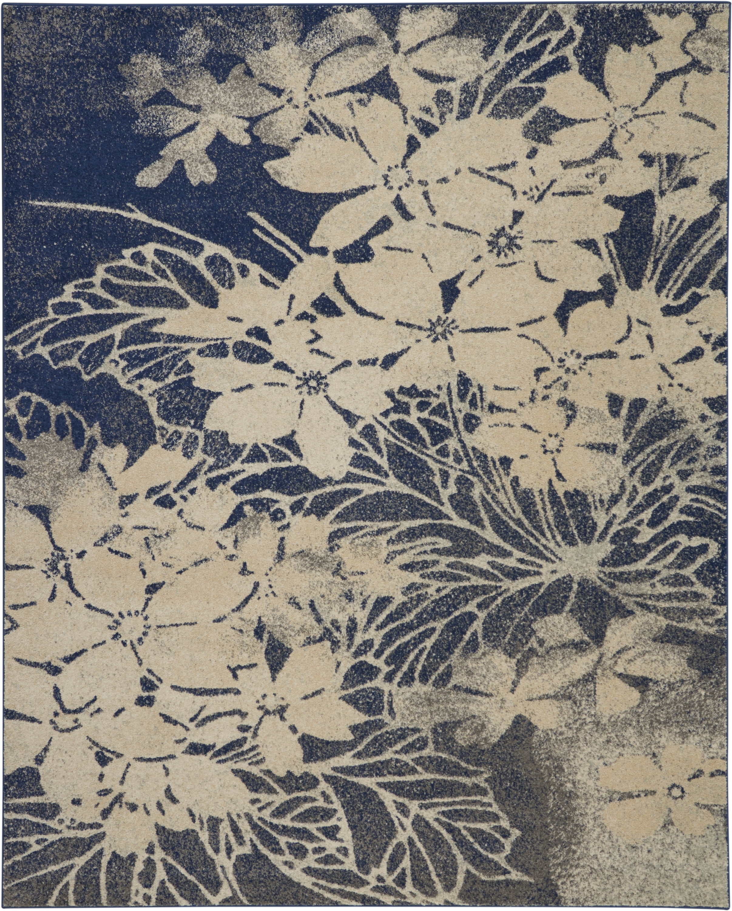 Serene Distressed Floral Beige/Navy 8' x 10' Area Rug, (8' x 10')