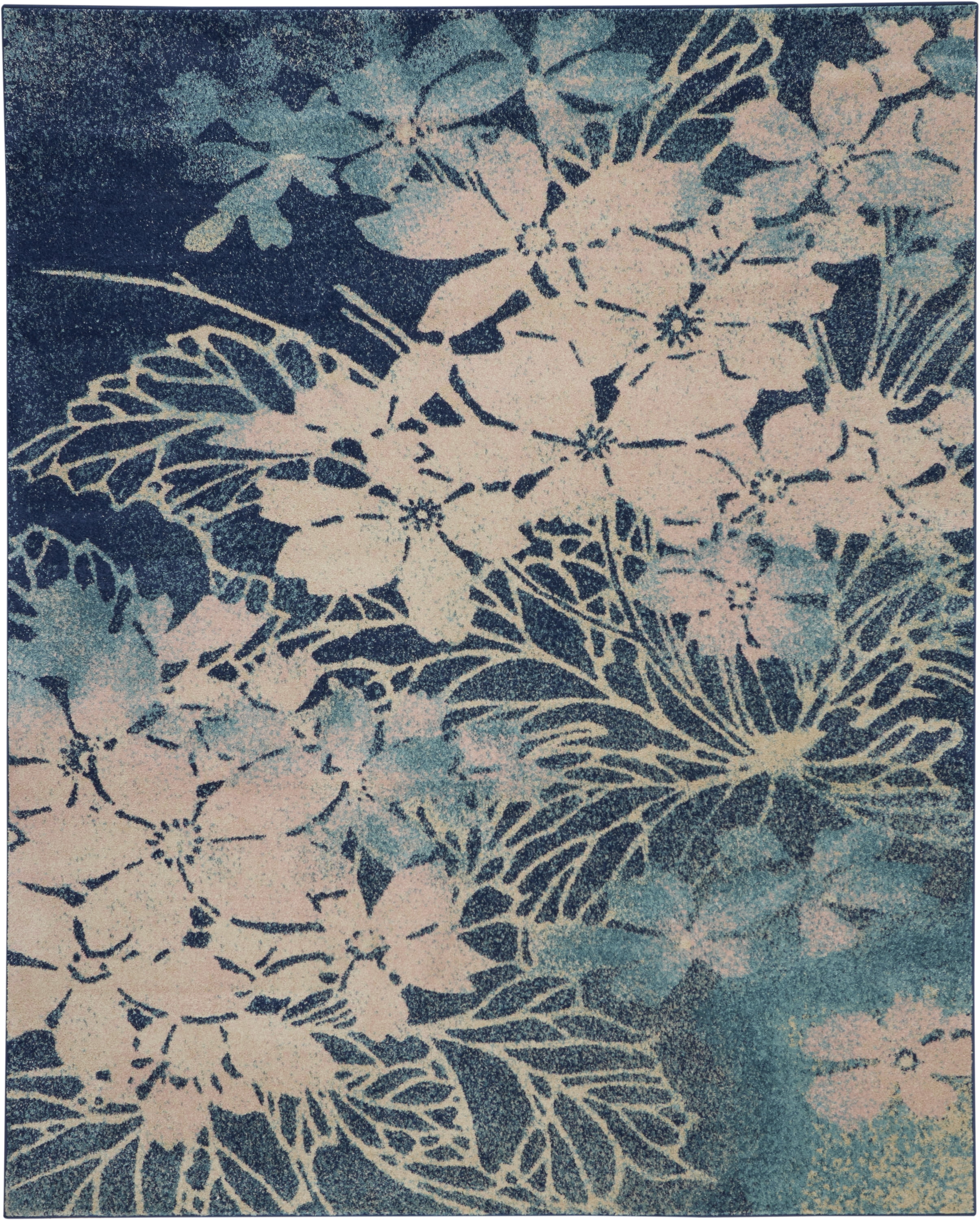 Serene Distressed Floral Navy/Pink 8' x 10' Area Rug, (8' x 10')