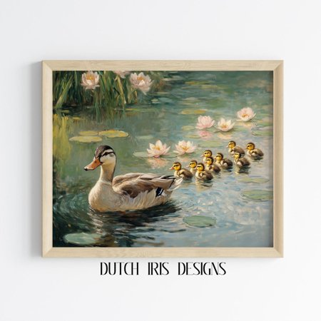 Serene Duck And Ducklings On Lilypad Pond, Nature Art, Vintage Cottagecore Decor, Tranquil Water Scene, Wall 581 Home Decor #1673, Unframed Poster Size 8x12