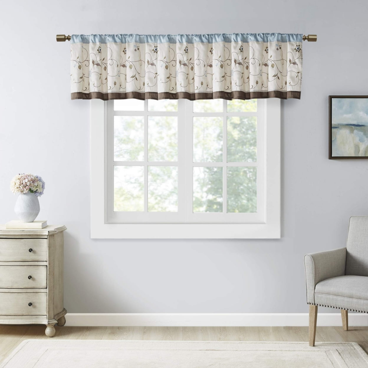 Serene Blue and Beige Floral Embroidered Valance