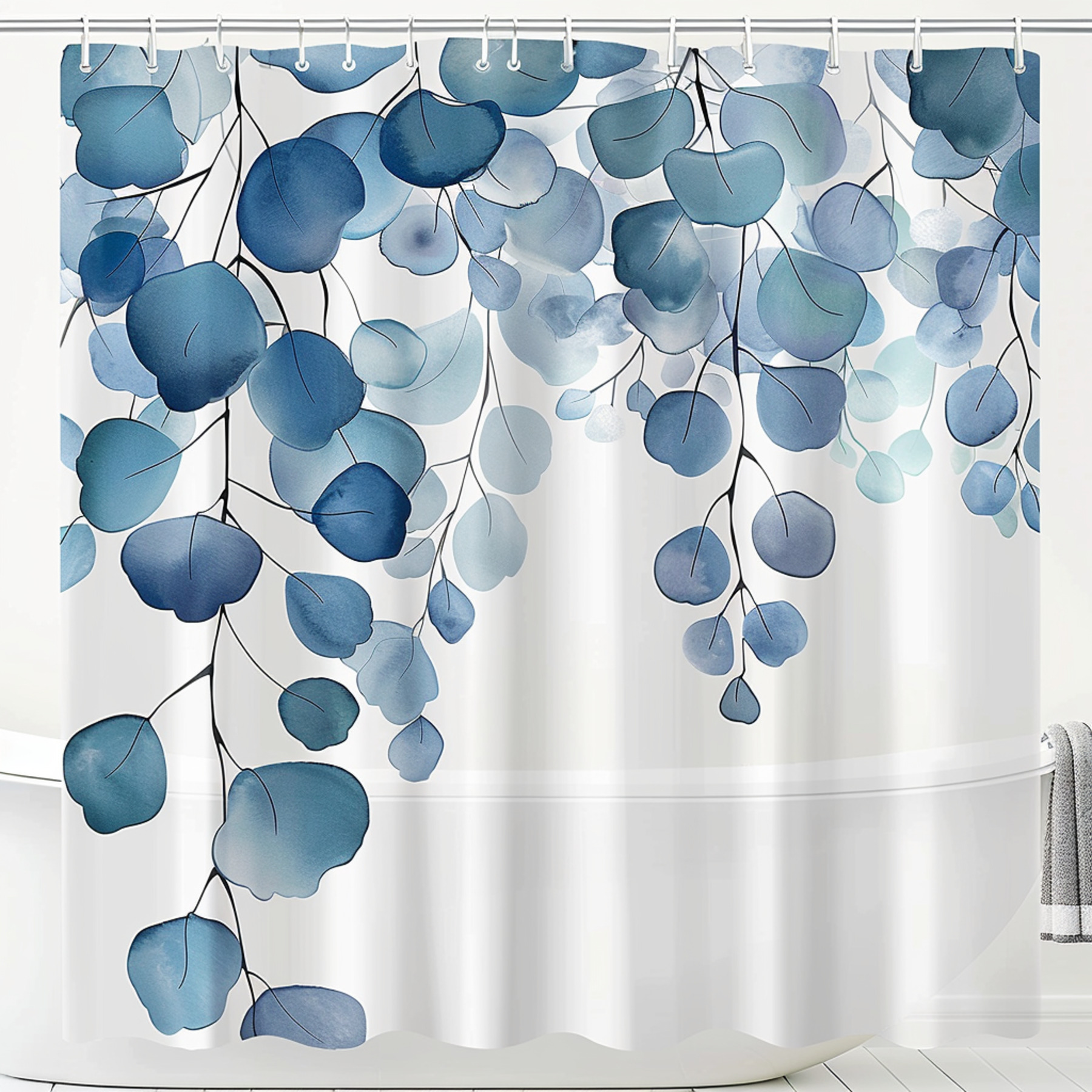 Serene Eucalyptus Watercolor Shower Curtain Elegant Blue and White
